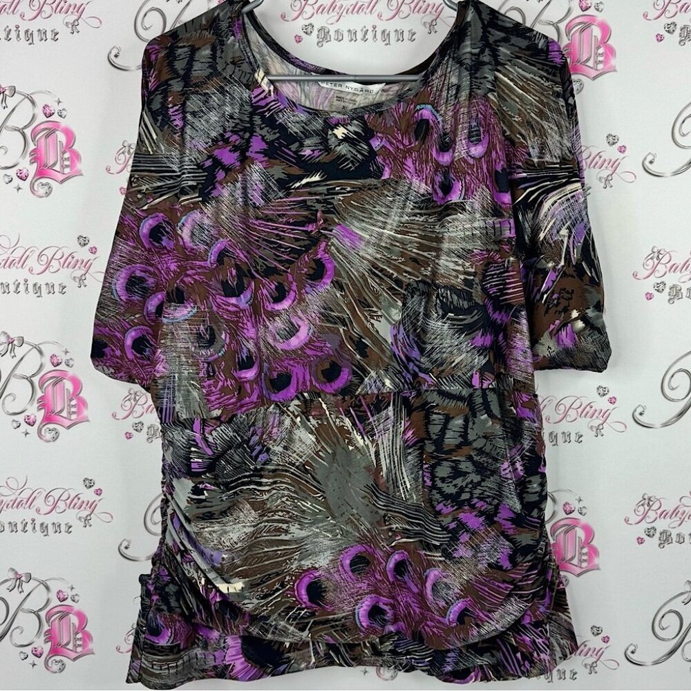 Peter Nygard blouse shirt peacock 🦚 feather shiny Multicolor Abstract Blouse